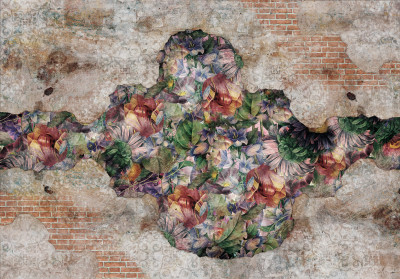 Papier peint mural « Fleurs tropicales sur fond de mur de briques » pour le salon