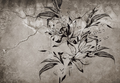 Papier peint mural « Lys sépia sur fond de béton » pour le salon