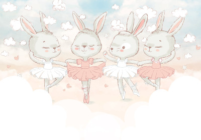 Papier peint photo « Lapines ballerines et nuages » pour chambre d'enfant aux tons pastel, papier peint intissé