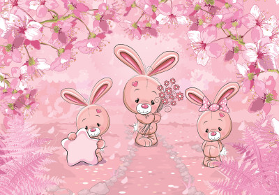 Papier peint mural « Lapins et fleurs de cerisier » pour chambre d'enfant