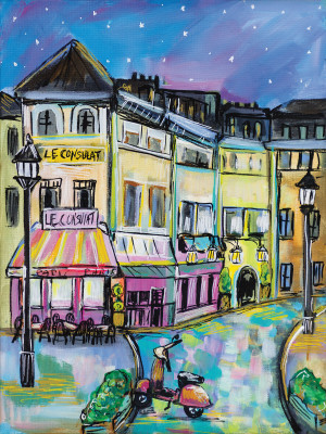 Papier peint mural « Rue de Paris et Vespa » pour le salon