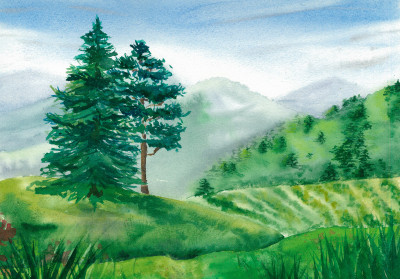 Papier peint mural « Pin, collines et montagnes » pour le salon