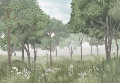 Papier peint mural « Prairie dans une forêt brumeuse » pour le salon