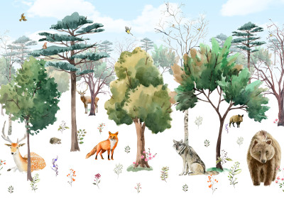Papier peint mural « Animaux de la forêt et arbres » pour chambre d'enfant