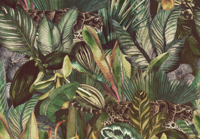 Papier peint mural « Dark Jungle » avec des léopards pour le salon