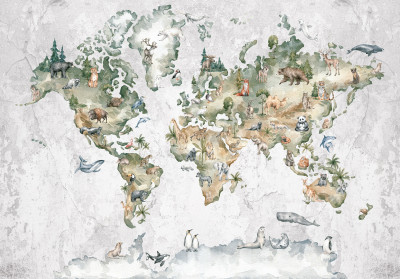 Papier peint mural « Carte du monde pour enfants » gris pour chambre d'enfant