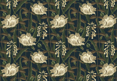 Papier peint mural « Fleurs blanches » pour salon vert foncé