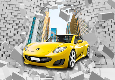 Papier peint mural 3D « Voiture jaune » pour le salon