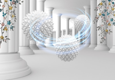 Papier peint mural 3D avec colonnes, cœurs et fleurs pour le salon