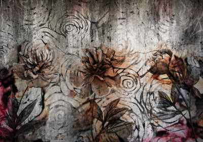 Papier peint mural fleurs béton sépia salon