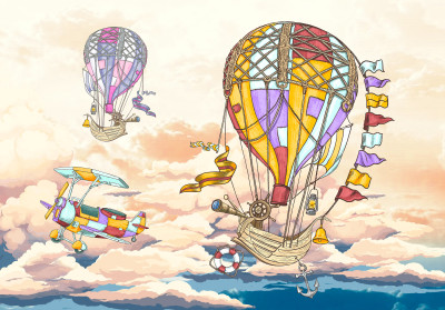 Papier peint mural vintage avec des ballons et un avion pour chambre d'enfant