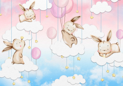 Papier peint mural lapins, ballons et nuages pour chambre d'enfant