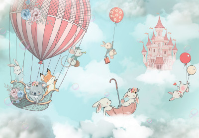 Papier peint mural « Animaux et château de ballons » pour chambre d'enfant