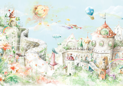 Papier peint mural « Château de conte de fées et fleurs » pour chambre d'enfant