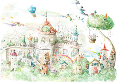 Papier peint mural « Château de conte de fées et arcs-en-ciel » pour chambre d'enfant
