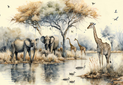 Papier peint mural « Éléphants de la savane et girafes » pour le salon