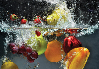 Papier peint mural « Fruits et éclaboussures d'eau » pour la cuisine