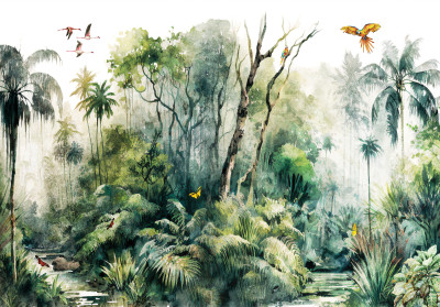 Papier peint mural aquarelle « Oiseaux de la jungle » pour le salon