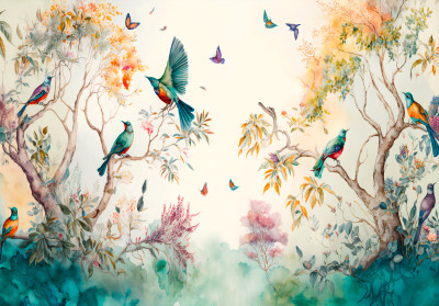 Papier peint mural avec oiseaux, branches et fleurs pour le salon