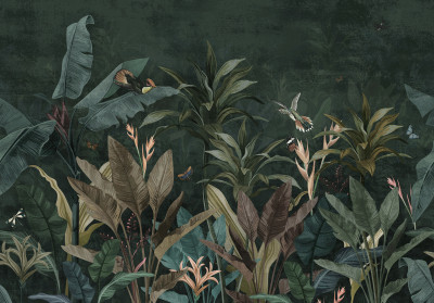 Papier peint mural « Dark Jungle » avec des feuilles de bananier pour le salon