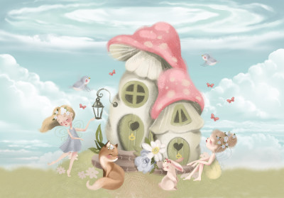 Papier peint mural « Maison champignon » pour chambre d'enfant féérique