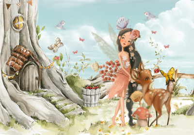 Papier peint mural « Forêt enchantée avec des cerfs et des fées » pour chambre d'enfant