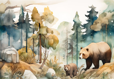 Papier peint mural « Forêt et ours » à l'aquarelle pour chambre d'enfant