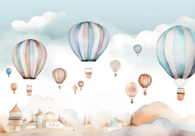 Papier peint mural « Montgolfières en ville » pour chambre d'enfant