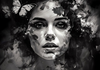 Papier peint mural représentant un visage de femme et un papillon, noir et blanc, pour le salon