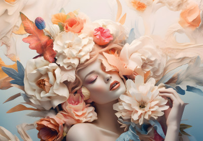 Papier peint mural « Femme et fleurs » : salon surréaliste