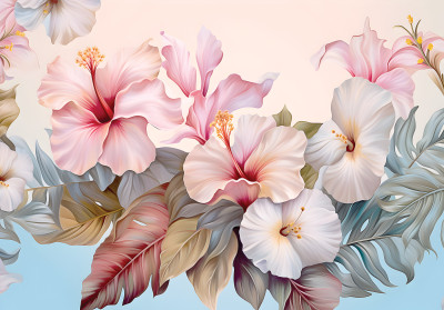 Papier peint mural aux fleurs d'hibiscus pastel pour le salon