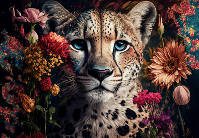 Papier peint mural représentant un portrait de guépard et de fleurs pour le salon
