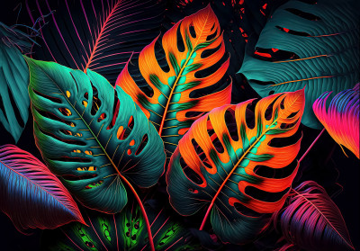Papier peint mural « Feuilles tropicales néon » pour le salon