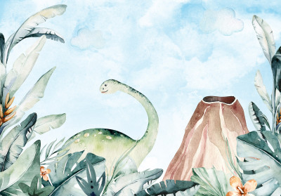 Papier peint mural « Dinosaures et volcan » pour chambre d'enfant