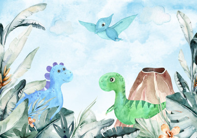 Papier peint mural « Dinosaures et volcan » pour chambre d'enfant