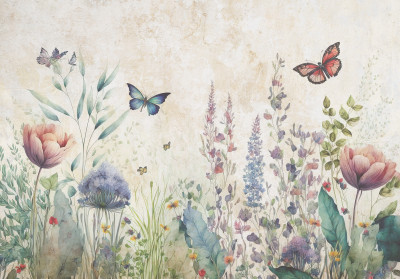 Papier peint mural « Prairie de fleurs sauvages et papillons » pour le salon