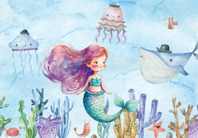 Papier peint mural sirène, méduse et baleine pour chambre d'enfant