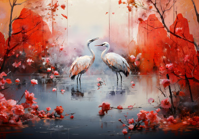 Papier peint mural « Grues et fleurs aquatiques » pour le salon