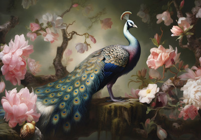 Papier peint mural « Fleurs et paon » pour salon de style baroque