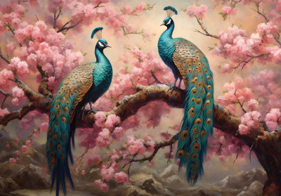 Papier peint mural « Paons et fleurs de cerisier » pour le salon