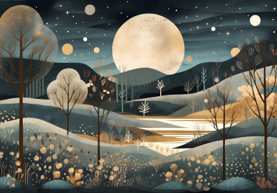 Papier peint mural « Collines nocturnes et lune » pour salon de style folk