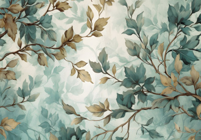 Papier peint mural bleu sarcelle à feuilles dorées pour le salon