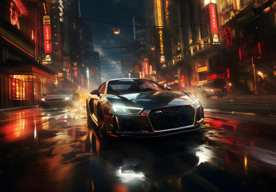 Papier peint mural représentant une voiture de sport noire de nuit pour le salon