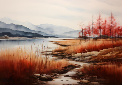 Papier peint mural « Lac d'automne et roseaux » pour le salon