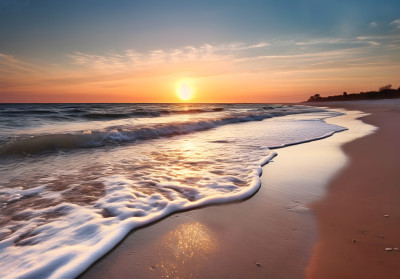 Papier peint mural « Plage, coucher de soleil et vagues » pour le salon