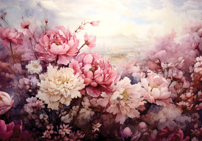 Papier peint mural « Prairie de pivoines roses » pour le salon
