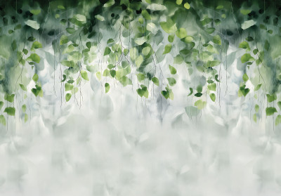 Papier peint mural « Feuilles vertes » pour un salon brumeux