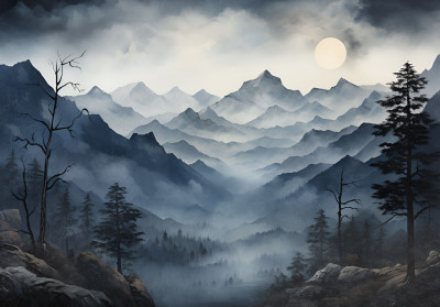Papier peint mural « Montagnes brumeuses et pins » pour le salon
