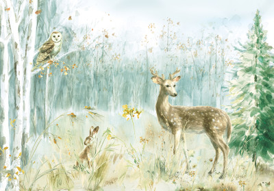 Papier peint mural « Cerf, chouette et forêt » pour chambre d'enfant