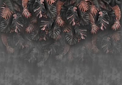 Papier peint mural « Feuilles tropicales » pour un salon en béton